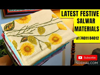 Dark teal blue satin cotton unstitched salwar material, thread& real mirror work on yoke(lining optional)yellow cotton bottom, batik dyed pure mul cotton dupatta. CODE JL250707