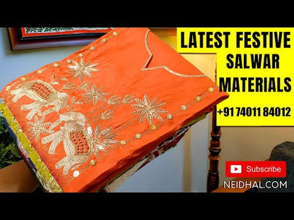 Designer beetroot Purple silk cotton unstitched salwar material (lining needed) buttas on front,  meenakari woven on gloden tissue on daman, matching santoon bottom, silk cotton full length dupatta with meenakari woven tissue pallu with tassels.JA260801