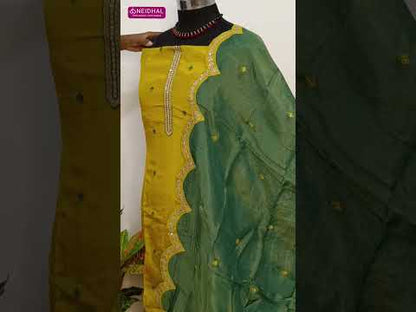 Bright mehandhi yellow designer tissue organza silk unstitched salwar material, zardozi& sequins worn on yoke, embroidery on front(thin, lining needed)matching santoon bottom, embroidered pure tissue organza dupatta. CODE AG253111