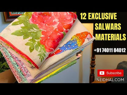 Dark blue printed pure soft cotton unstitched salwar material, thread& sequins work on yoke(lining optional)printed cotton bottom, printed crinkled pure cotton dupatta with lace tapings. CODE AP253020