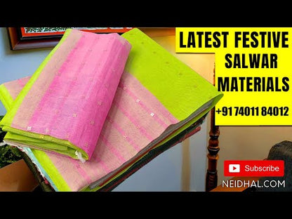 Half white base printed semi linen unstitched salwar material, bead work on front(thin fabric, lining needed)black spun cotton bottom, digital printed semi linen dupatta with lace tapings. CODE JA250302