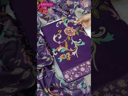 Purple liquid fabric unstitched salwar material, embroidered on front(lining needed)matching liquid fabric bottom, digital printed soft mixed cotton dupatta. CODE AG251616