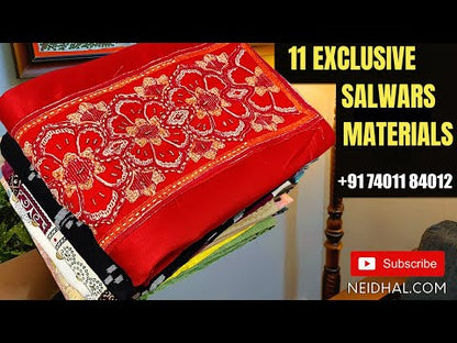 Dark blue printed pure soft cotton unstitched salwar material, v neck with bead& faux mirror work(lining needed)zigzag printed cotton bottom, crinkled printed pure cotton short width dupatta. CODE AP250111