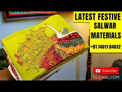 Digital printed Purple semi tussar silk unstitched salwar material (textured, lining needed) kalamkari work on yoke, leafy green silk cotton bottom, digital printed semi tussar silk dupatta. DC251601