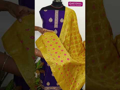 Mehandhi yellow soft silk cotton unstitched salwar material, zari embroidery on front(thin, lining needed)matching silk cotton bottom, silk cotton dupatta rich meenakari zari woven design. CODE SP250912