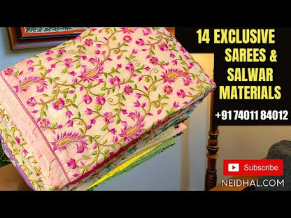 Brick red with golden tint tissue silk cotton unstitched salwar material, printed v neck with bead& faux mirror work(thin fabric, lining needed)matching silky bottom, printed tissue silk cotton dupatta. CODE AP252811