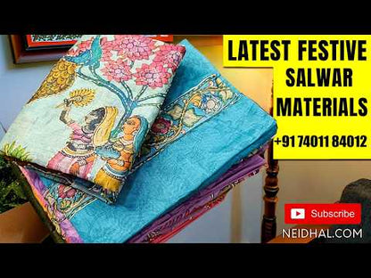 Dark Teal green with golden tint  tissue silk cotton unstitched salwar material(lining needed) printed yoke with real mirror work, matching silky bottom, printed tissue silk cotton dupatta. FB261706