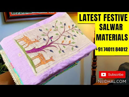 Sea green digital floral printed silk cotton unstitched salwar material,(silky, lining needed) zari buttas on front, fancy tapings on daman, matching silky bottom, pichwai printed silk cotton full length dupatta. OC251101