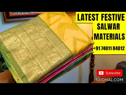 Mossy Green soft silk cotton unstitched salwar material (lining needed) batik dyed allover, tissue border on daman, matching wax batik cotton bottom, batik dyed full length silk cotton dupatta.(TAPING NEEDED). DC252009