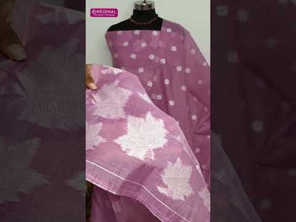 Dark onion pink silk cotton unstitched salwar material, thread waving design on front(thin, lining needed)matching matching silky bottom, silk cotton dupatta with rich thread weaving design. CODE SP250414