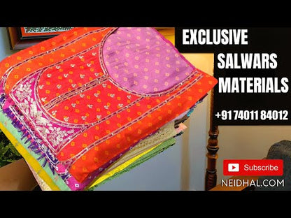 Pastel green premium dobby cotton unstitched salwar material, v neck with lace & sequins work, thread woven buttas all over (thin fabric, lining needed) matching cotton bottom, block printed dual shaded pure cotton dupatta CODE DC242007