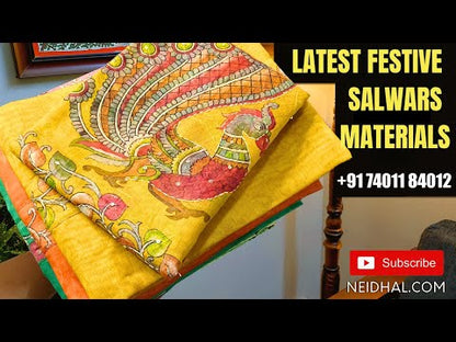 Pink ikat printed fancy silk cotton unstitched salwar material, bead and real mirror work on yoke (Lining Needed) matching Silky bottom, warli printed fancy silk dupatta. NV252616