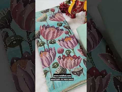 Pastel peach digital printed semi linen unstitched salwar material, hand embroidered on front(lining needed)matching santoon bottom, digital printed semi linen dupatta with lace tapings. CODE JN252002