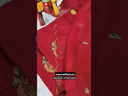 Dark maroon fancy kota silk cotton unstitched salwar material, cross stitch embroidered on yoke(thin fabric, lining needed)matching silky bottom, cross stitch embroidered fancy kota silk cotton dupatta with scallop edges. Code AP252413