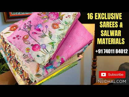 CODE WS719 : Beige and blue base fancy silk cotton saree with beautiful floral digital prints, thin gold zari lines ,thread and sequence detailing all over(thin and light weight)  short printed pallu and running printed blouse.