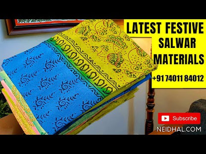 Orange & Peach premium georgette unstitched salwar material (flowy, Lining needed) hand block print allover, printed santoon bottom, dual shade fancy chiffon dupatta with hand block print. NV252806