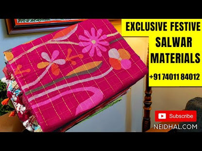 Multi color warli printed fancy silk cotton unstitched salwar material, potli buttons on yoke(lining needed)green cotton bottom, block printed chiffon dupatta. CODE NV24210