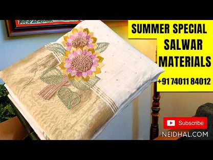 Light beige premium silk cotton unstitched salwar material,embroidery yoke,zari buttas all over,gold tissue and embroidery work on daman,(lining needed)spun cotton bottom, silk cotton dupatta with embriodery work with tissue pallu.JL261901