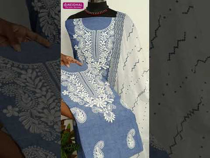 Denim blue pure cotton unstitched salwar material, chikankari embroidered on front(lining optional)self embroidered cotton bottom, embroidered pure mul cotton dupatta with scallop edged. CODE AG252608