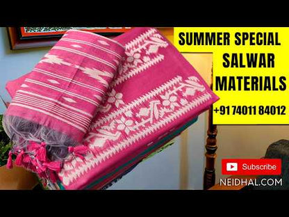 Dark peach jamdani woven premium silk cotton unstitched salwar material, buttas on front,weaving on yoke, (lining needed)santoon bottom,thread woven buttas on full length silk cotton dupatta with weaving pallu and borders. MY260309