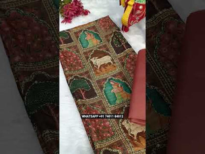 Multi color digital printed semi tussar unstitched salwar material, kantha stitch work on front(thin, lining needed)onion pink santoon bottom, dual shaded digital printed semi tussar dupatta. CODE AG250705