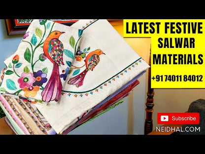 Pastel Blue silk cotton unstitched salwar material,(thin, lining needed) digital printed on yoke, matching santoon bottom, digital printed silk cotton dupatta with tassels. OC251610