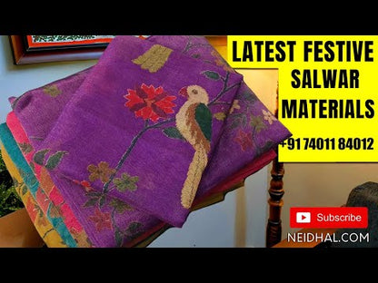 Green with golden tint tissue silk cotton unstitched salwar material, bead& sequins work on yoke(thin, lining needed)matching silk cotton bottom, soft tissue silk cotton dupatta with copper zari woven design( DESIGN MIGHT VARY). CODE JN252407