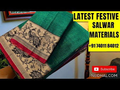 Black pure linen jamdani unstitched salwar material, Rich weaving on daman (Thin, Lining Needed) NO BOTTOM, Jamdani woven full length dupatta with jamdani weaving on pallu and handmade tassels. OC251110