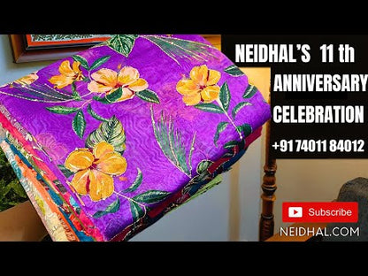 Pale lavender with golden tint digital printed pure tissue silk unstitched salwar material, v neck with thread work, rich hand work on front(thin, lining needed)matching santoon bottom, printed tissue silk dupatta with rich hand work. CODE DC241703