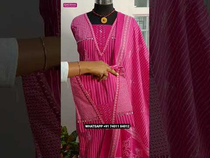 Bright pink premium cotton unstitched salwar material, v neck with thread, sequins &bead work(lining optional)printed pure cotton bottom, pure mul cotton full length dupatta. CODE AG251212