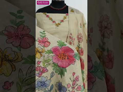 Rich beige with golden tint designer digital printed pure tissue linen unstitched salwar material, v neck, hand embroidery on front(lining needed)matching santoon bottom, digital printed tissue linen dupatta with hand embroidery. CODE AG252301