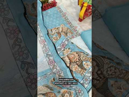 Pale pink digital printed semi linen unstitched salwar material, elephant printed yoke& daman with bead work(thin, lining needed)matching spun cotton bottom, digital printed semi linen dupatta with lace tapings. CODE JL252602