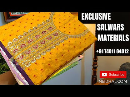 Dark blue sobar digital printed silk cotton unstitched salwar material, kantha stitch on yoke(thin fabric, lining needed)matching santoon bottom, digital printed silk cotton dupatta with embroidered. CODE DC242012