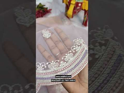 Pastel pink with golden tint designer tissue organza silk unstitched salwar material, thread & bead work on yoke, embroidered on front(lining needed)matching santoon bottom, embroidered fancy organza short width dupatta with scallop edges. CODE JL252110