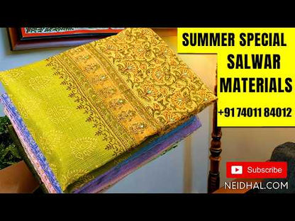 Pastel blue premium semi linen unstitched salwar material,rich embroidery work on yoke,( textured,lining optional)matching santoom bottom,madhubani printed semi linen dupatta with silver tissue pallu. MY260807