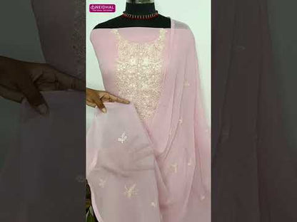 Pale green premium georgette unstitched salwar material, embroidery& sequins work on yoke& front(thin, lining needed)matching santoon bottom, embroidered premium chiffon dupatta. CODE SP250115