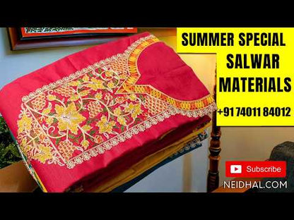 Pastel Blue premium silk cotton unstitched salwar material (thin, lining needed), digital printed, sequence, bead work on front, matching santoon bottom, digital printed premium silk cotton dupatta. OC251818