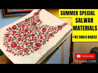 Powder blue soft silk cotton unstitched salwar material(lining needed) sequins & faux mirror work on yoke,zari buttas all over,matching santoon bottom, digital printed soft silk cotton dupatta. JN261807