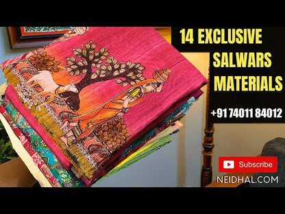 Half white fancy silk cotton unstitched salwar material, rich zari& sequins work on yoke(thin, lining needed)bright pink santoon bottom, bandhini printed pure soft cotton dupatta with gold tissue pallu. CODE JN252910