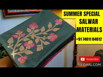 Black jute silk unstitched salwar material, digital printed with sequins work on front, (textured, lining needed)turquoise green silky bottom,digital printed jute silk dupatta with zari woven borders. AG261401