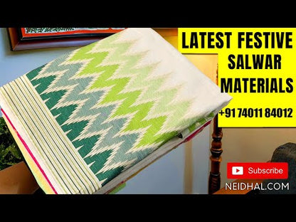 Light greyish beige semi gicha unstitched salwar material, warli printed with faux mirror work on yoke(thin fabric, lining needed)Pink cotton bottom, digital warli printed silk cotton dupatta. CODE DC241303