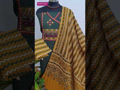 Dark blue pure kantha cotton unstitched salwar material, angraha neck with real mirror, thread& tassels(lining optional)printed pure cotton bottom, printed pure mul cotton dupatta(REQUIRES TAPINGS). CODE AG252111