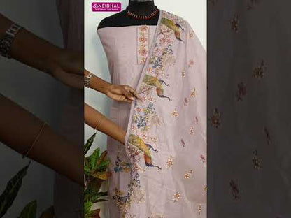 Lavender digital printed silk cotton unstitched salwar material, hand embroidery on front(thin, lining needed)matching santoon bottom, digital printed silk cotton dupatta with hand embroidery. CODE AG252913