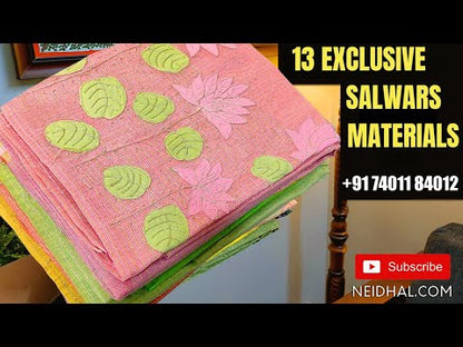 Dark green printed pure cotton unstitched salwar material, applique work on yoke(lining optional)matching very thin cotton bottom, printed pure soft mul cotton dupatta. CODE AP253011