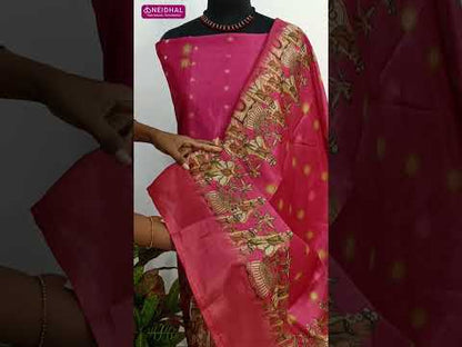 Pink digital printed silk cotton unstitched salwar material, zari woven all over(lining needed)matching spun cotton bottom, digital printed soft silk cotton dupatta. CODE AG252302