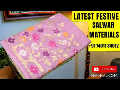 Green with golden tint tissue silk cotton unstitched salwar material, bead& sequins work on yoke(thin, lining needed)matching silk cotton bottom, soft tissue silk cotton dupatta with copper zari woven design( DESIGN MIGHT VARY). CODE JN252407