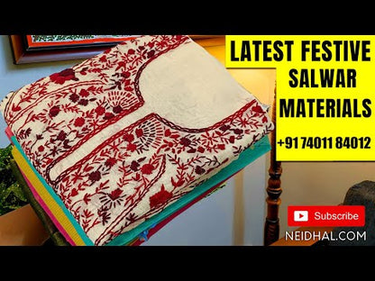 Powder blue premium linen kalamkari printed unstitched salwar material (textured, lining needed) rich hand embroidery work on daman, matching santoon bottom, kalamkari printed premium linen dupatta with rich embroidery. SP252106