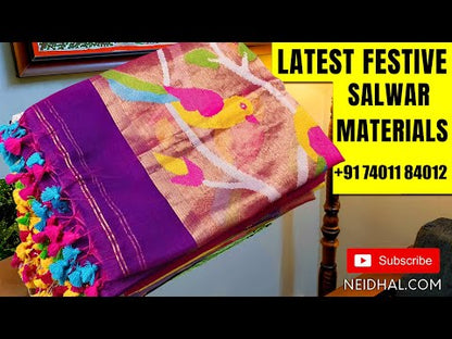 Maroon premium handloom cotton unstitched salwar material,  zari& sequins work on yoke, zari buttas all over(lining needed)maroon handloom cotton bottom, premium handloom cotton dupatta with zari lines& borders. SP252618