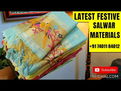 Light Sage Green silk cotton unstitched salwar material, pearl bead and embroidery on yoke (Lightweight, Lining Needed) Matching Santoon Bottom, Abstract printed silk cotton dupatta. OC250313