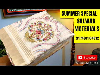 Bright orange pure mul chanderi unstitched salwar material, embroidery and bead wok on yoke (Thin, Lightweight, Lining Needed) silver grey santoon bottom, digital printed pure organza short width dupatta with lace taping. MR260819